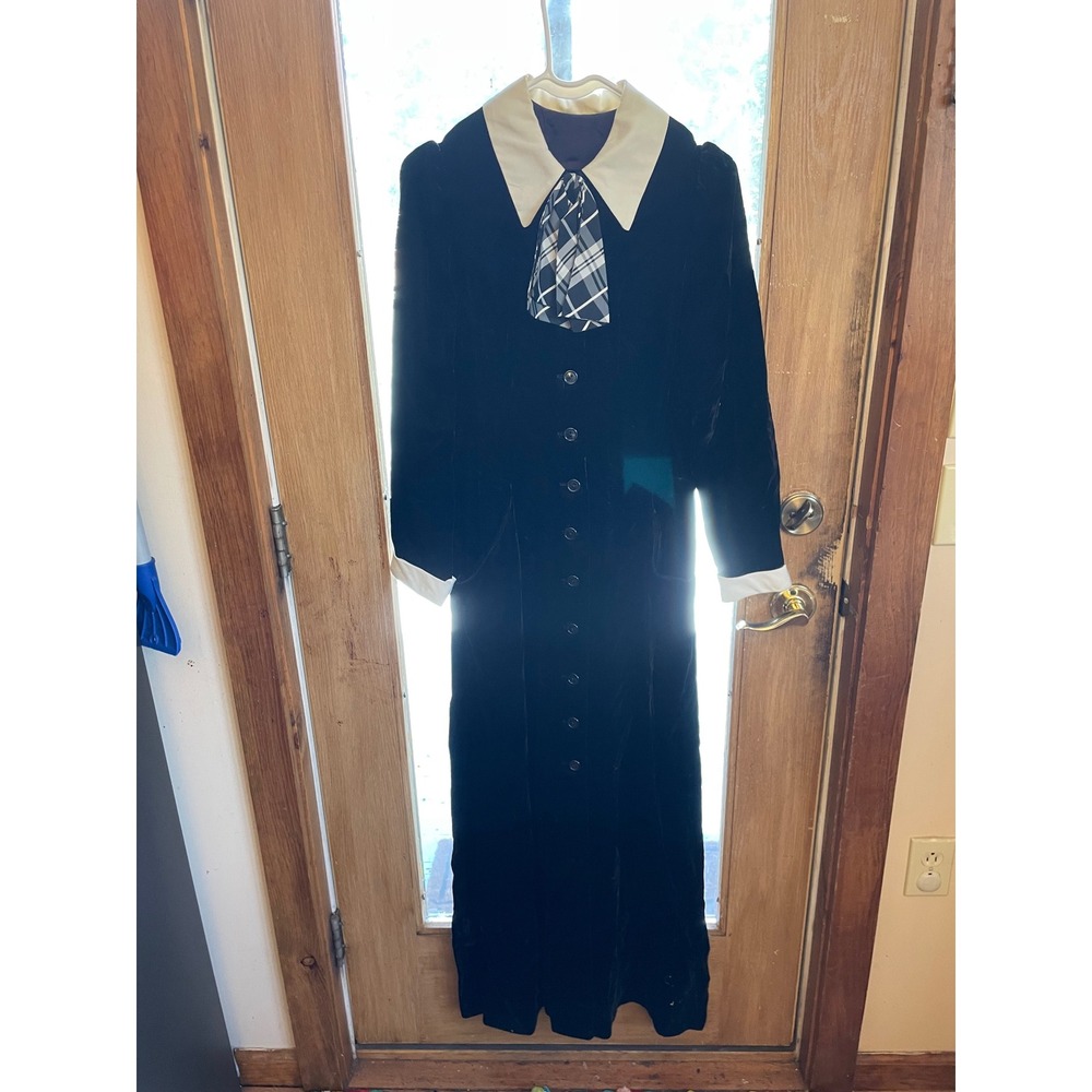 Vintage Lord &‎ Taylor Velvet Maxi Dress Contrast Collar Gothic Mod Plaid Tie M